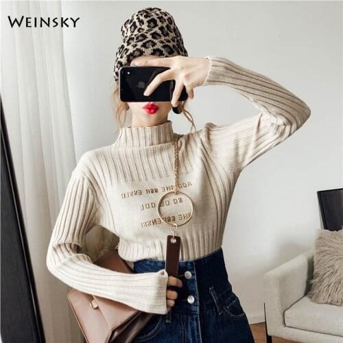 Women Knitted Jumper Turtleneck Sweater And Pullovers Korean Fashion Style Letter Sweater 2019 Autumn and Winter New Tops