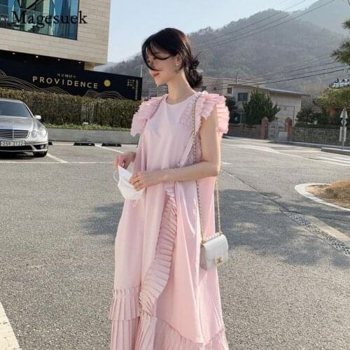 Sweet Chic Summer Women Dress Solid Irregular Pleated Short Sleeve Dress for Women Elegant Party Loose Long Dress Vestido 14001