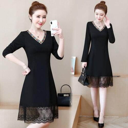 Womens Cute Black Lace Dress Long SLeeve V-Neck Autumn Party Cocktail Slim Casual Loose Blouses Blusas Birthday Ladies Dresses