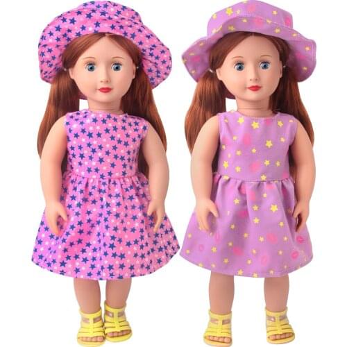 18 Inch American Doll Girls Clothes Summer Star Holiday Style Dress + Hat Born Baby Toys Accessories 43 Cm Boy Dolls c958