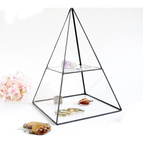 2 Tiers Vintage Style Brass Clear Glass Pyramid Mirrored Shadow Box Jewelry Display Case