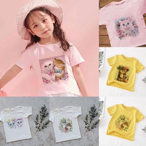 2021 O-neck Cartoon Shirt Beautiful Girl T-shirt Cat Cartoon Print Summer T-shirts Boy Children Cute Pink Pattern Girls Tshirt