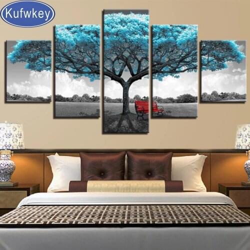 5d Diy diamond painting 5 Pieces Blue Big Tree Red Chair Diamond Pictures Landscape Pattern Wall Art Full Square Round Drill 3d
