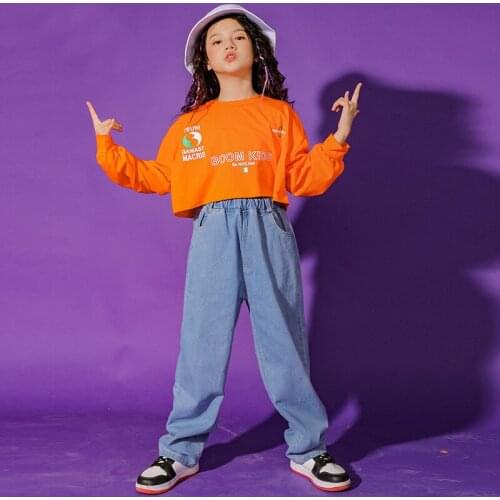 Kids Girls Sets Long Sleeve T-shirt Denim Pant Children Teenager Streetwear Hip Hop Loose Navel Tees Shirts Jeans Tracksuits