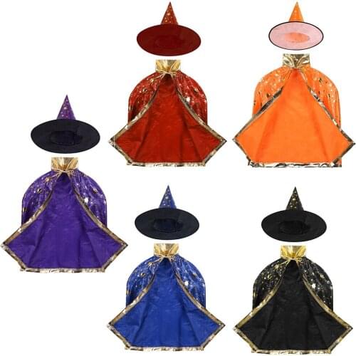 Kids Halloween Costume Witch Wizard Cloak Cape with Pointed Hat Set Anime Cosplay Party Stars Pattern Girls Boys Magician Outfit