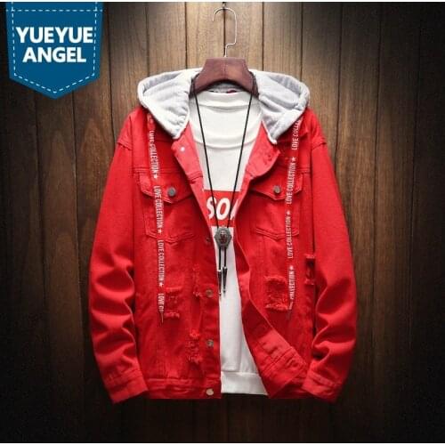 Spring Hip Hop Loose Fit Ripped Hole Denim Coat Men High Street Single Breasted Hooded Jacket M-3XL 2021 Pink Cowboy Outerwear