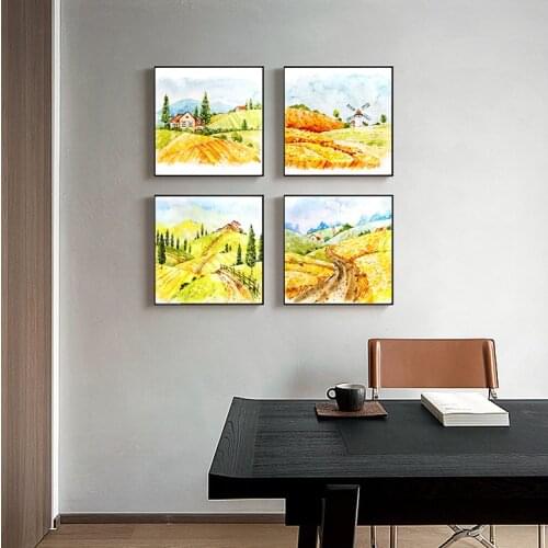 European Pastoral Mountain Field Ink Painting Big Windmill Small Bridge Flowing Water Decoration Living Room Study Canvas Poster