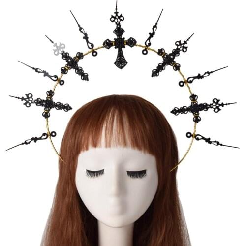 Spot Handmade Dark Retro Gothic Virgin Mary Aura Hair Halo Crown Cross Fashion Novelty Headband
