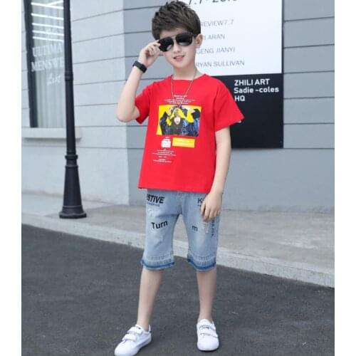 Summer Boy Cotton Clothing Sets printing Short Sleeve T-Shirt Jeans Set for 4-11yrs Boys Baby sport Suit