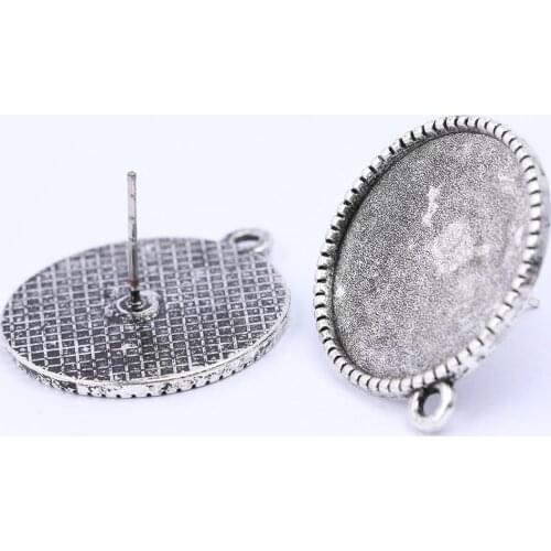 10pcs Antique Silver Stud Earring Base Connectors Fit 20mm Cabochon Bezel Setting Blanks Diy Post Earrings Findings With Loop