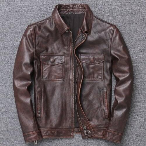Genuine Clothing Male Lapel Short Head Layer Cowhide Leather Jacket Single Fund Locomotive Skin Loose Coat Motorcycle
