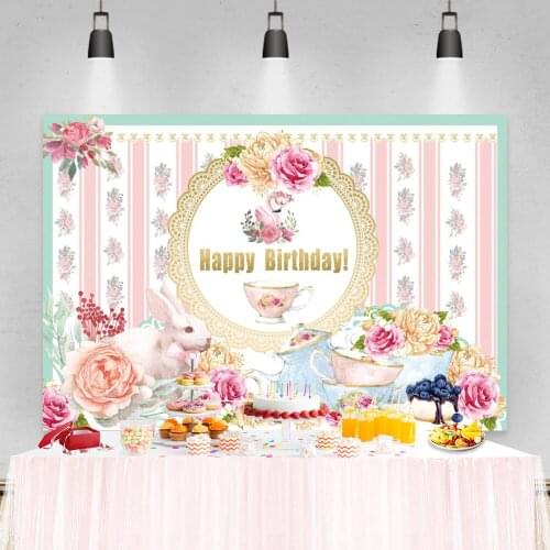 Laeacco Pink Flowers Flamingo Bunny Blueberry Birthday Party Backgrounds Photography Backdrop For Photo Studio Props Photophone