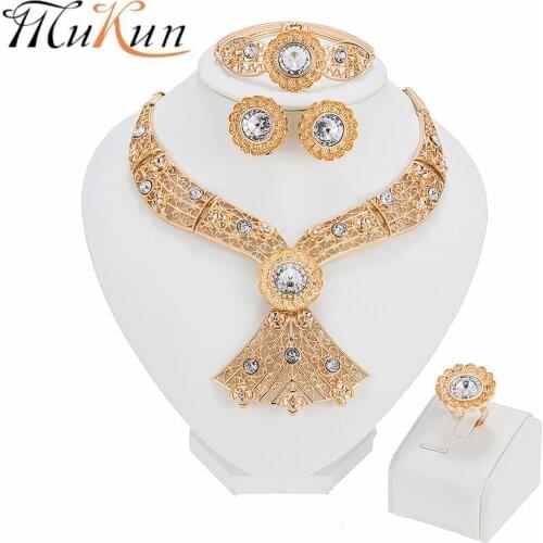 MUKUN Dubai Jewelry Sets Gold Color Crystal Pendant Necklace Earrings Ring Bracelet Nigeria Jewelry Set for Women Wedding