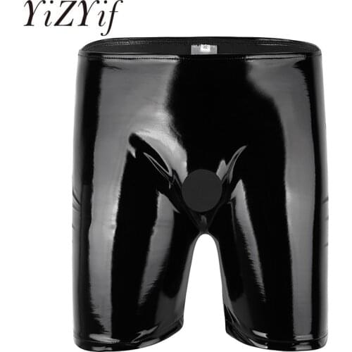 YiZYiF Mens Shiny Sexy Boxer shorts Underwear Patent Leather Open Penis Hole Long Leg Boxer Short Panties penis Rubber pants