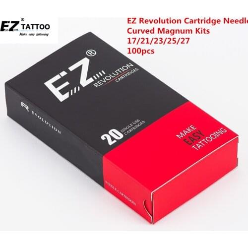 100 PCS EZ Revolution Cartridge Tattoo Needle Kits Curved Magnum 17 21 23 25 27 Mix for Cartridge System Tattoo Machine and Grip