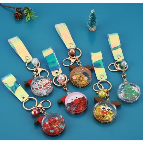 Christmas Tree Liquid Keychain New Creative Round Shape Oil Quicksand Keychain Elk Pendant Couple Cute Bag Gift Keychain