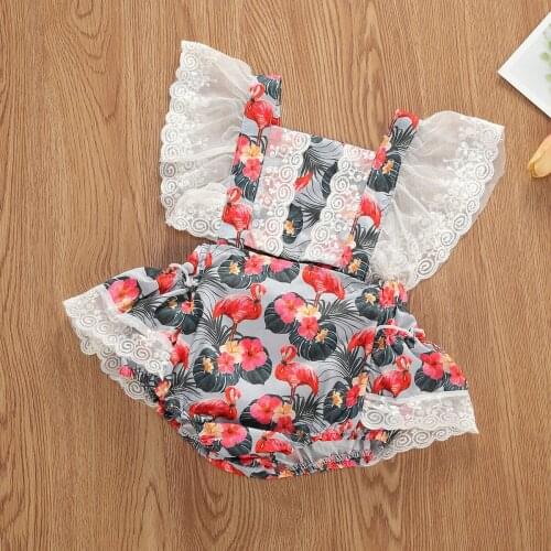 0-2T Baby Clothes Girl Flamingo Sleeveless Bodysuit Kid Jumpsuit Girls Ruffle Lace Patchwork Playsuit Summer Newborn Sunsuit