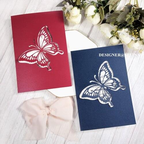 50X Elegant Butterfly Sweet 16 Invitation Card DIY Shiny Personalized Print Invites for Wedding Anniversary Quinceanera Invites