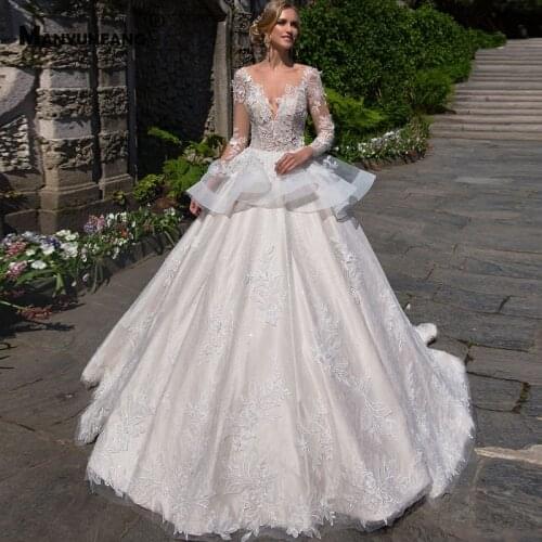 Luxury Embroidery Appliques Tulle Chapel Train Full Sleeve Wedding Dress Custom Made Button Back O-Neck Bridal Ball Gown