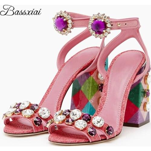 Diamond Rhinestone Chunky Heel Sandals For Girls Ankle Strap Open Toe Crystal Jeweled Strappy Summer Sandalias De Mujer