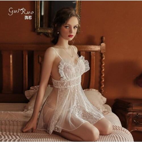 Sexy Lingerie Sexy Lace Suit Skirt Black Nightdress See Through Strap Open Crotch Exposed Hot Deep V Dress