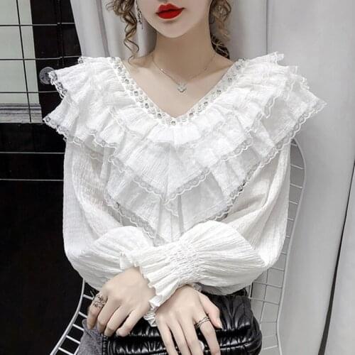2021 Autumn New Stylish Lace Ruffle Stitching Blouse Women V Neck Lady Shirt Lantern Long Sleeve Korean Vintage Solid Top 12074