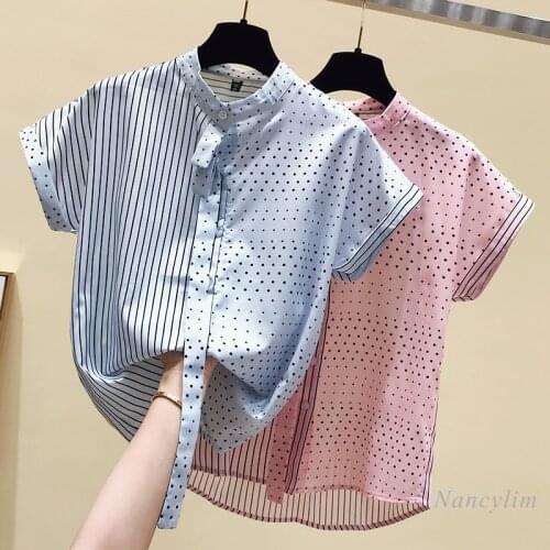 Summer Blouse Women New Polka Dot Striped Shirt Short Sleeve Temperament Lady Chiffon Top 2021 Blue Pink Nancylim