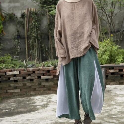 Spring 2021 Wide leg Women Pants New Pantalon Large Femme Flared Trousers Elastic Waist Patchwork Color Pocket Silk Cotton Pants