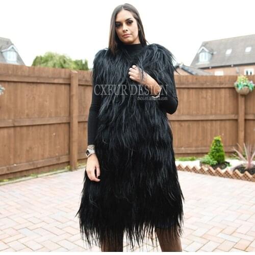 CX-G-B-36 Highstreet Fashion Fur Strips Sewed Winter Coat Gilet Real Goat Long Fur Vest Women