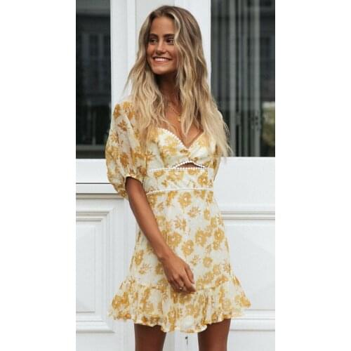 Women Boho Floral Print Ruffle Mini Dress Sexy V Neck Short Sleeve Hollow out Backless Female Fashion Beach Vacation Dresses