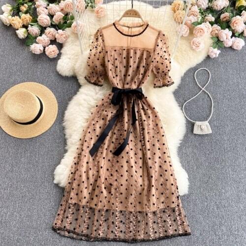 New Summer Female Short Sleeve Round Neck Perspective Polka Dot Vestidos Mesh Ladies High Waist Office Lady Mid-Calf Dress