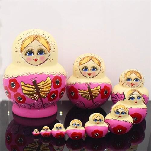 10 Layer Golden Butterfly Wooden Russian Nesting Doll Hand-Painted Dry Basswood Matryoshka Doll Toys