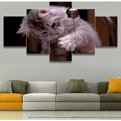 5 Piece Art Painting Canvas Cat Playing Water Animal Posters Modular Pictures Modern Home Decor Prints Living Room Decoration