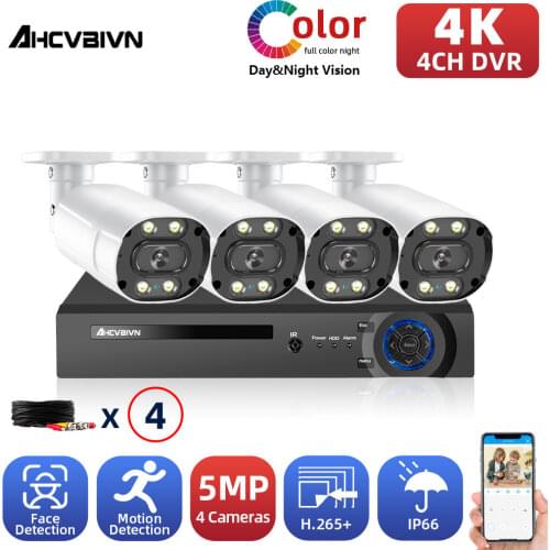 AHCVBIVN 4K 4CH 8MP Video Surveillance DVR With CCTV Security Camera System 4 Pcs 5MP AHD Bullet Camera 4TB HDD Optional H.265