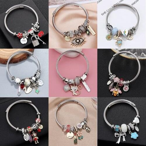 Cute Animal Flower Fruit Charms Bracelet Bangles For Women Girls High Quality Stainless Steel Bracelets Bangle Fashion Jewelry