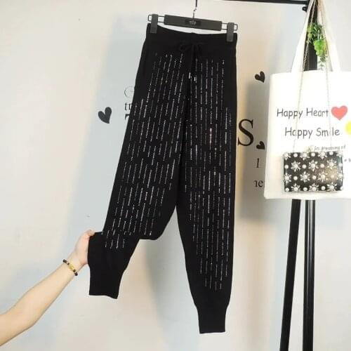 Diamonds Bling Harem Pants Korean Fashion Casual Baggy Joggers High waist womens Wide Pants Aesthetic Streetwear Reflective