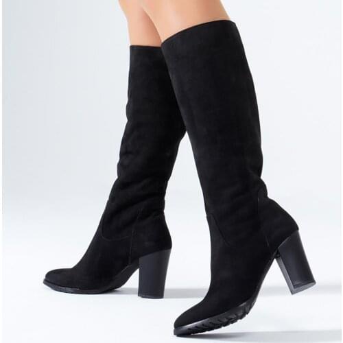 Callizio Womens Genuine Leather Boots Knee High Block Square Heels Round Toe Comfortable Dress Formal Casual Comfortable Rubber Sole Female Lady Warm Lining Sexy Big Size 12 Winter Shoes for Woman 2021 Footwear