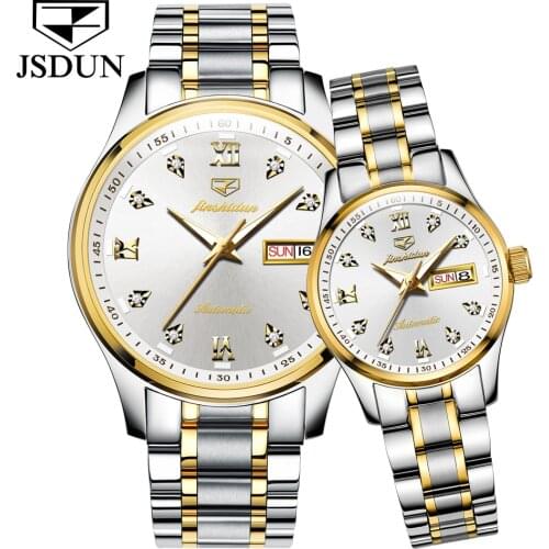JSDUN Couple Watch Mechanical Ladies Mens Watch Luxury Stainless Steel Strap Watch Date Business Watch Relogio Masculino 8763