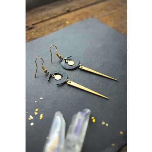 Black Moon Earrings and Brass Spikes,Long Celestial Earrings,Moon Earrings