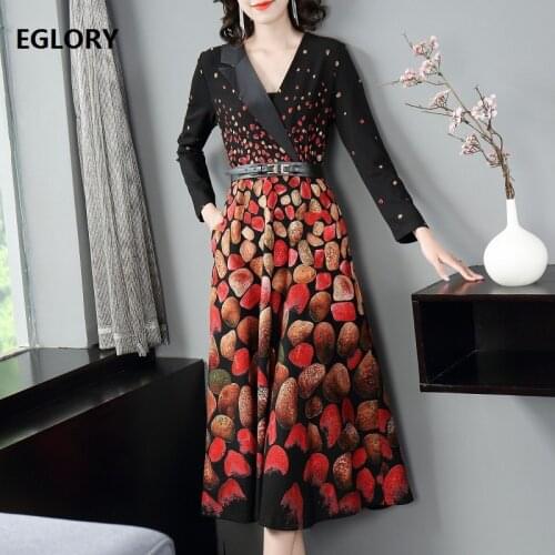 Elegant Party Womens Dress 2020 Autumn Winter Female V-Neck Exquisite Prints Belt Patchwork Long Sleeve Mid-Calf Dress 50s 60s