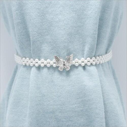 Elegant Women Pearl Belt Waist Belt Elastic Buckle Pearl Chain Belt Female Girls Dress Crystal Strap