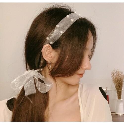 Gauze Organza with Pearls Hair Bands Scrunchies Headband for Women DIY Long Scarf Turban Ponytail Tie Scrunchie Hair Accessories