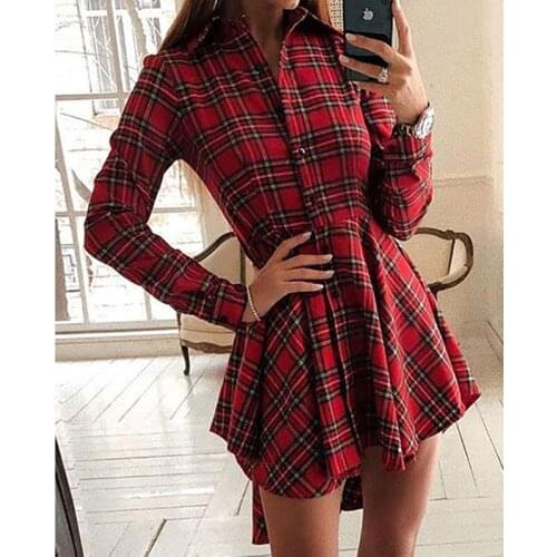 Kayotuas Women Dress Autumn Winter Plaid Red Vintage Party Casual Mini Ladies Pleated Long Sleeve Clothing Hot Sundress