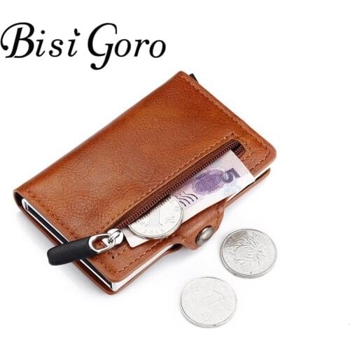 Bisi Goro 2020 Metal Card Holder PU Leather Card Holder RFID Blocking Money Bag Short Card Wallet Pop Up Wallet New Cion Purse