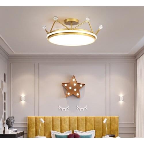 Golden Crown Chandelier Bedroom Ceiling Lamp Simple Modern Warm Light Luxury Nordic Pink Princess Childrens Room Lamp