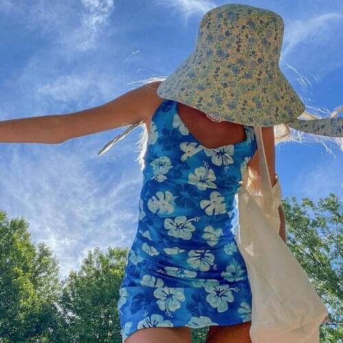 Blue Floral Print Cute Y2K Mini Dresses Women Beach Vacation Clothes Sleeveless Spaghetti Strap Bodycon Summer Dress