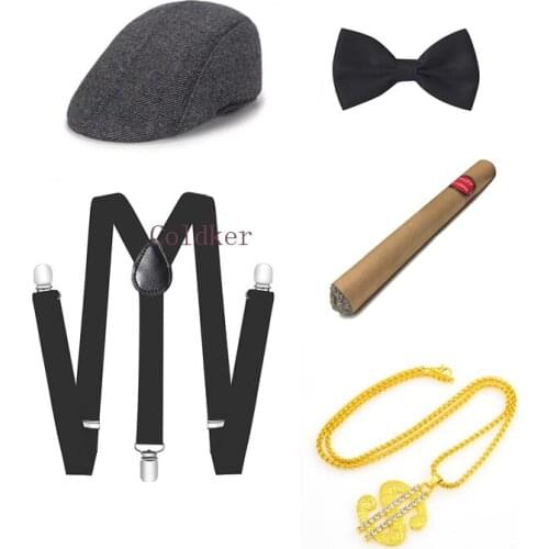 Cosplay Costumes 1920s Mens Accessories Gatsby Men Costume Gangster Hat Suspenders Bow Tie Necklace Halloween Drop Shipping