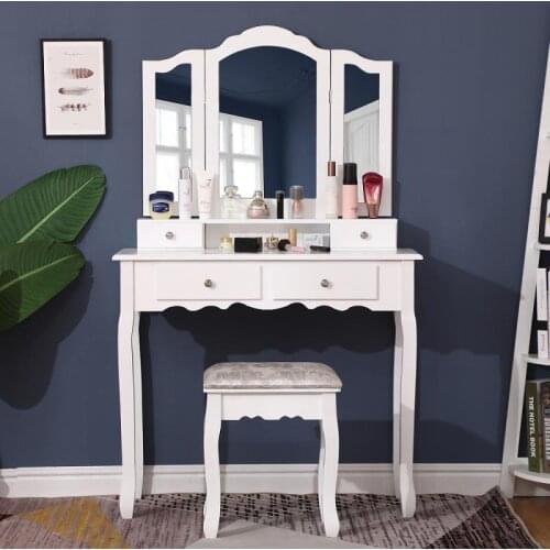 Women Dressing Table Set Dresser Drawers Interchangeable Bedside Table with Stool/ Chair Mirrored Dresser Bedroom Furniture HWC