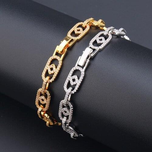 New Charm Hip Hop Jewelry Claw Setting Cubic Zirconia Bling Iced Hollow Geometric Link Chain Bangle Bracelet for Women Rapper