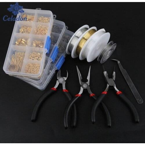 1Box 10 Slots Crimp End/Lobster Clasps Jump Rings Flower End Caps Eye Pins Beading Wire Pliers Tweezers Jewelry Making Tools set